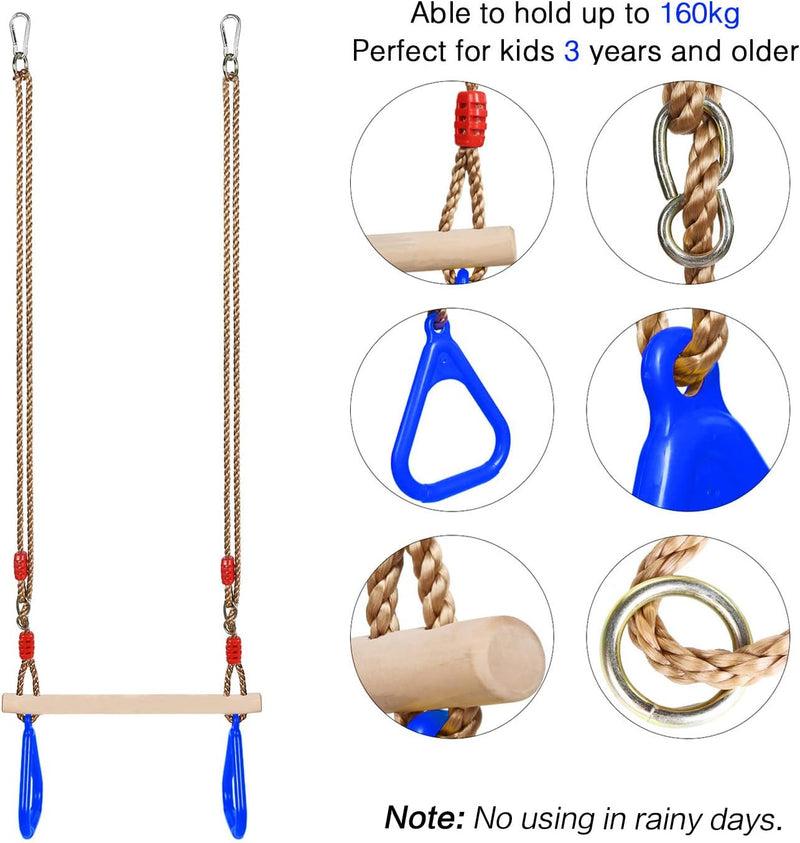 PELLOR Multifunktions Kinderholz Trapeze Schaukel mit Kunststoff Turnringe zum Aufhängen belastbar b