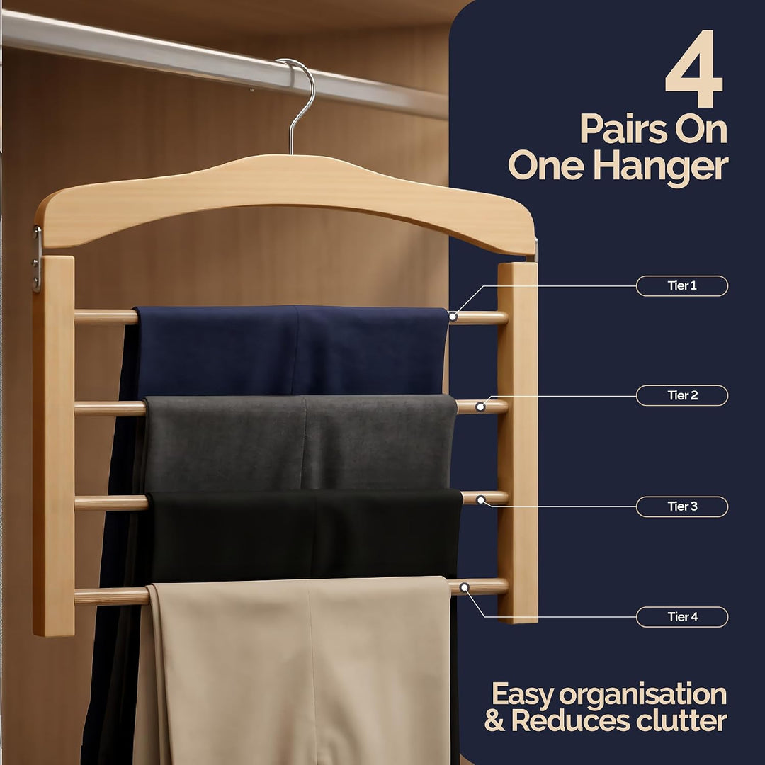 Hangerworld 3 Holz Hosenbügel Mit 4 rutschfesten Hosenstegen 38cm Naturfarben Holz Kleiderbügel, 3