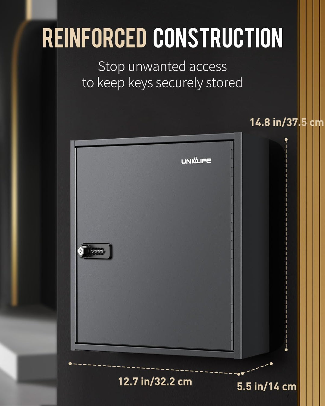 Uniclife 60 Positionen Schlüsselschrank mit Kombination und Schlüsselschloss, zurücksetzbar, schwarz
