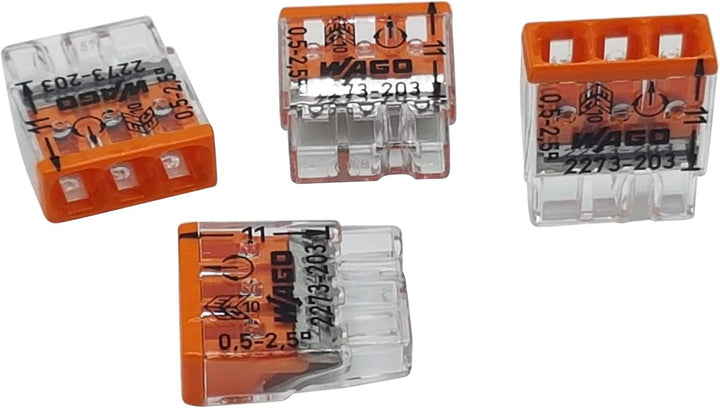 100 Stück Wago 2273-203 COMPACT-Verbindungsdosenklemme Ø 0,5-2,5 mm², 3-polig, transparent/orange