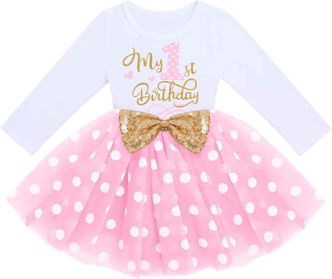 Odizli 1./2./3. Geburtstag Mädchen Outfit Langarm Prinzessin Tütü Tüllkleid+Pailletten Stirnband 2tl