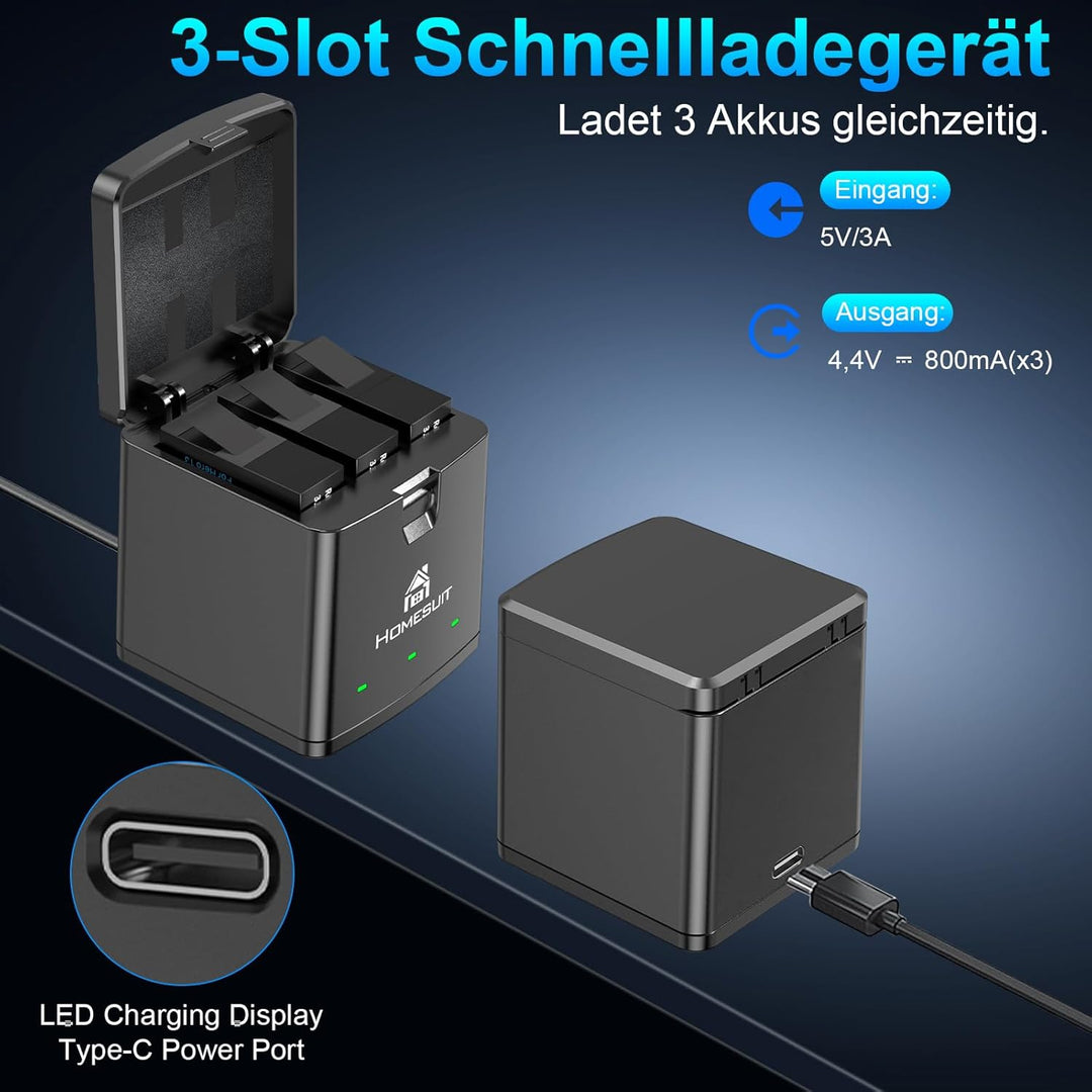 Homesuit Hero 13 Akku 2100mAh und LED 3-Kanal USB Speicherladegerät für GoPro Hero 13 Black Enduro W
