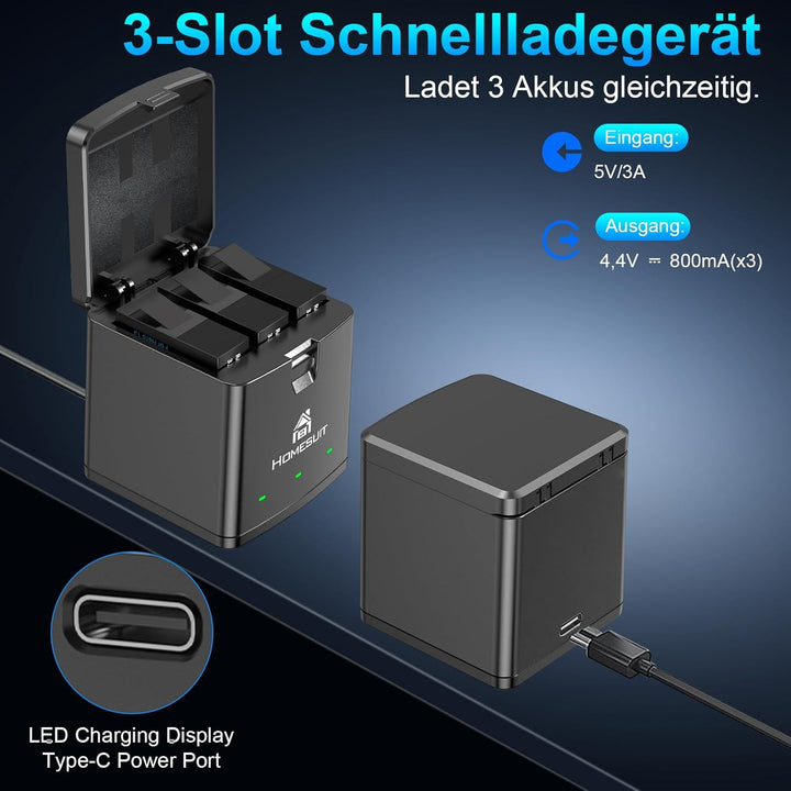 Homesuit Hero 13 Akku 2100mAh und LED 3-Kanal USB Speicherladegerät für GoPro Hero 13 Black Enduro W