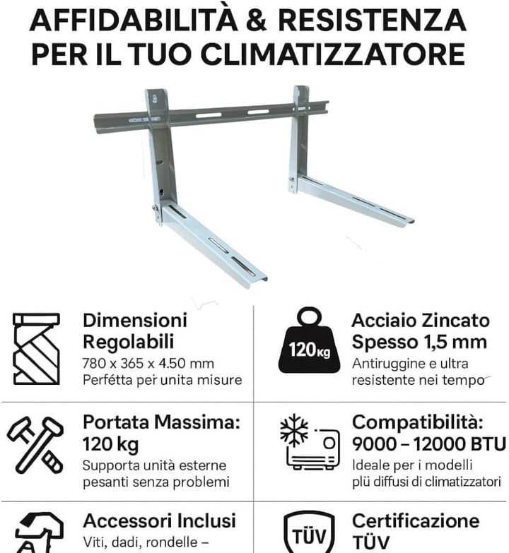 HM, Verstellbare Halterung für Klimaanlage aussen 780 x 365 x 450 mm – Tragkraft 120 kg, verzinkter