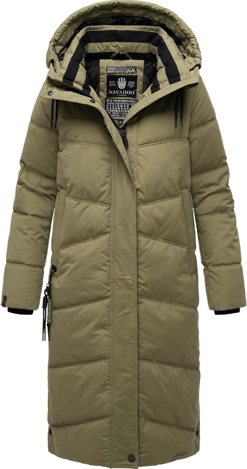 Navahoo Damen Wintermantel Warmer Steppmantel lang mit Kapuze Kuschelmausi S-XXL M Olive Leaf, M Oli