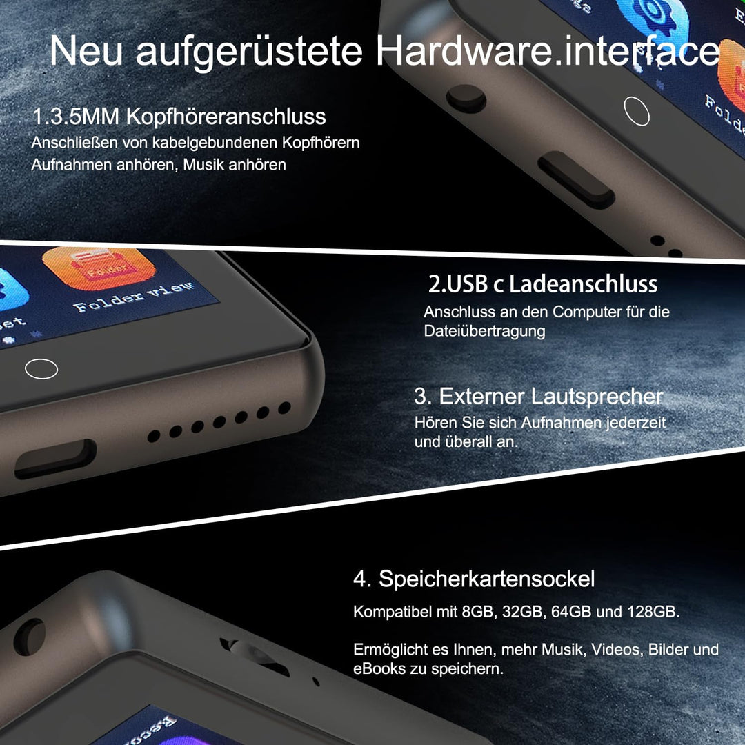 64GB MP3-Player Bluetooth 5.1, 2,8-Zoll-Touchscreen-Musikplayer, Tragbarer MP3 Player mit HD-Lautspr