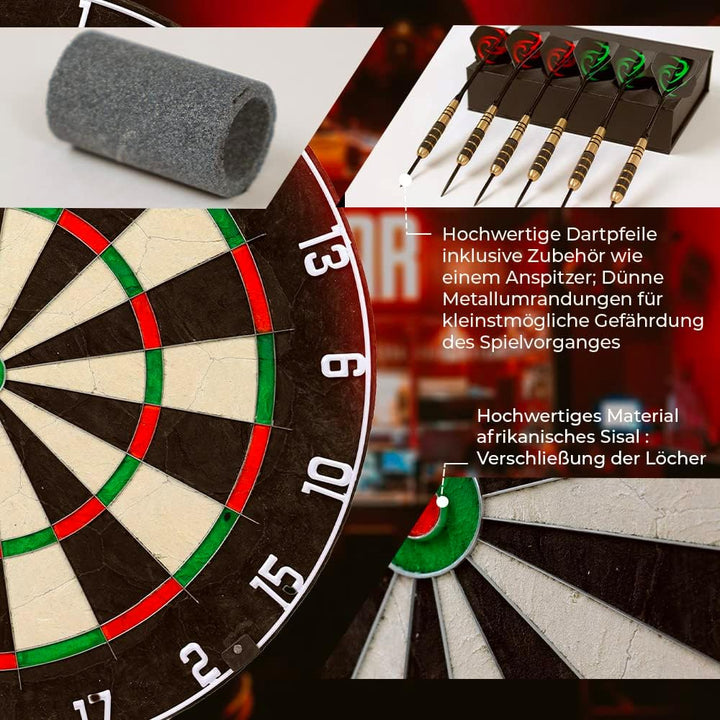 LION HOME SPORTS Hochwertige Sisal Steeldartscheibe | Mit Aufhänger & 6 Dartpfeilen, sowie Aufbewahr