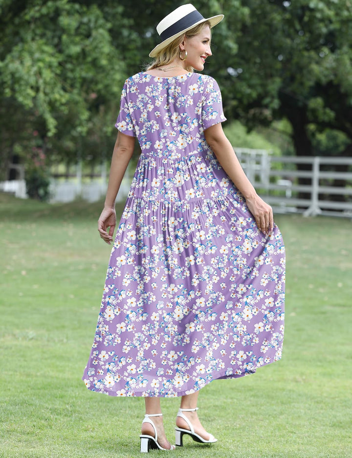YESNO Damen Kleider Freizeit Lose Sommerkleid Lang Boho Maxikleid für Rundhals Strandkleid Blumenkle