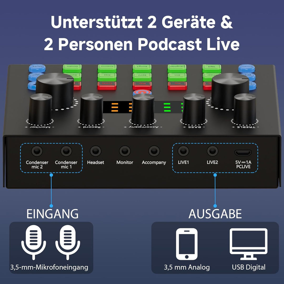 Podcast-Ausrüstungspaket für 2, Audio-Interface mit Sprachumschalter-Kondensatormikrofone für Gamer,