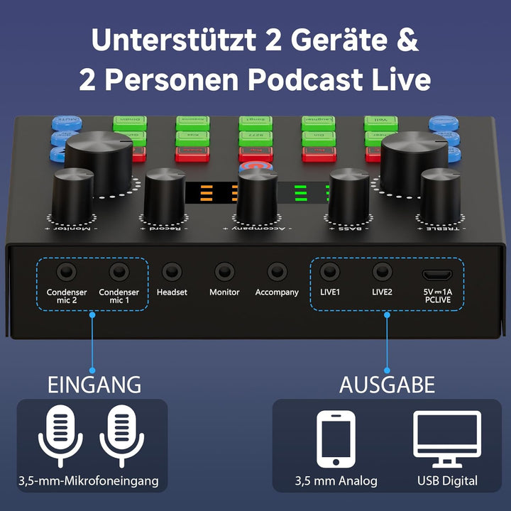 Podcast-Ausrüstungspaket für 2, Audio-Interface mit Sprachumschalter-Kondensatormikrofone für Gamer,