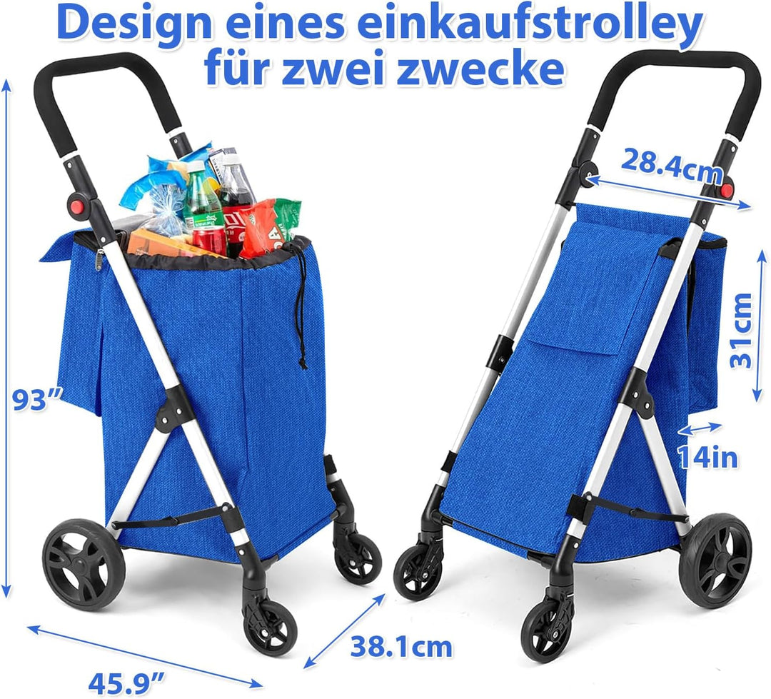 Einkaufstrolley, 46L Trolly Einkaufswagen Klappbar, 4 Rädern Aluminium Leichtgewicht Einkaufstrolley