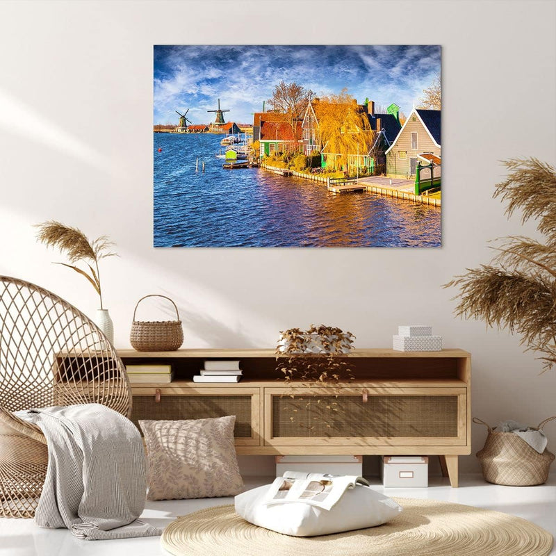 Bilder auf Leinwand 100x70cm Leinwandbild Landschaft Windmühle Wasser Dorf Gross Wanddeko Bild Schla