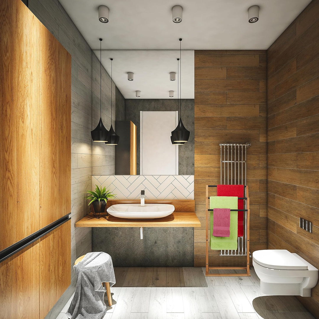 Relaxdays Handtuchhalter, Bambus, 3 versetzte Stangen, H x B x T: 82 x 42 x 24 cm, Handtuchständer B