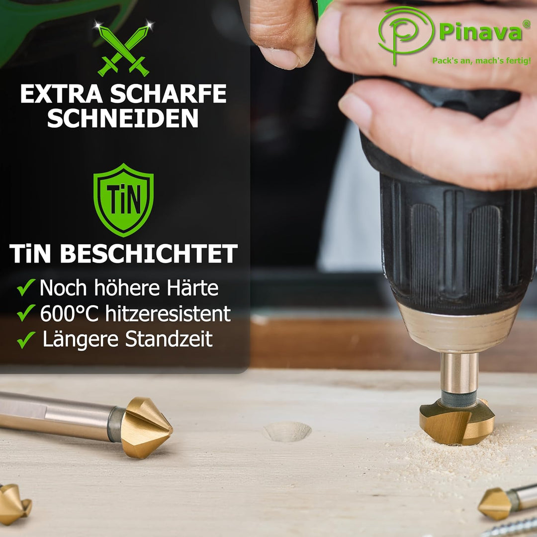 Pinava® Kegelsenker Set HSS CutX [3-Flächen-Schaft für bombenfesten Halt] - Scharfer & Präziser Senk