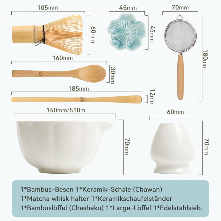 Premium Matcha Set 7-teilig – Exklusives Teezeremonie-Set mit Bambus-Chasen (Besen),Weiss Keramik-Sc