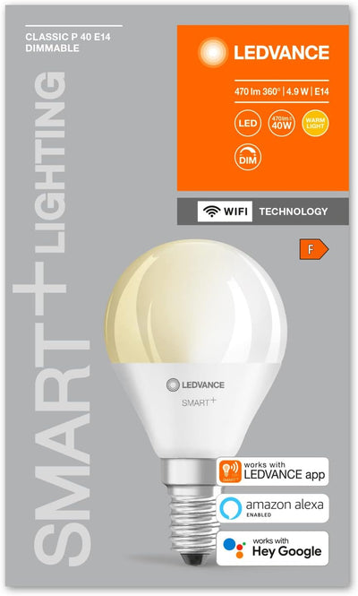 LEDVANCE Smarte LED-Lampe mit WiFi Technologie, Sockel E14, Dimmbar, Warmweiss (2700 K), ersetzt Glü