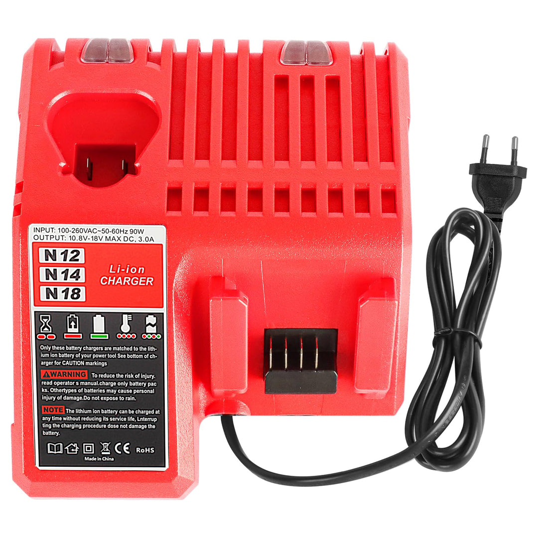 M12 & M18 3A Schnellladegerät, kompatibel mit Milwaukee M12 & M18 12V–18V Li-Ion Akkus 3Ah 4Ah 5Ah 6