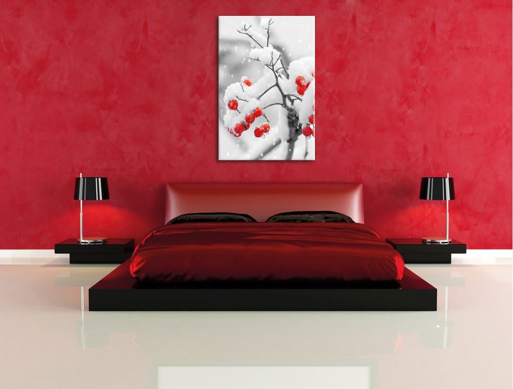 Pixxprint Rote Vogelbeeren im Winter als Leinwandbild/Grösse: 100x70 cm/Wandbild/Kunstdruck/fertig b
