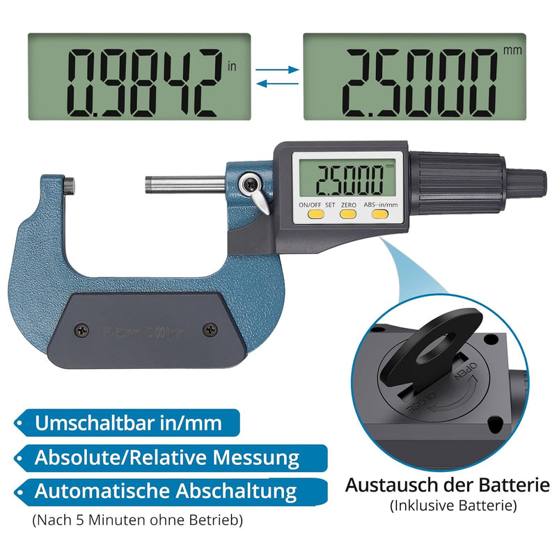 AUTOUTLET Micrometer Digitale Bügelmessschraube 25-50mm/ 0.001mm, Hohe Präzision LCD Digitale Mikrom