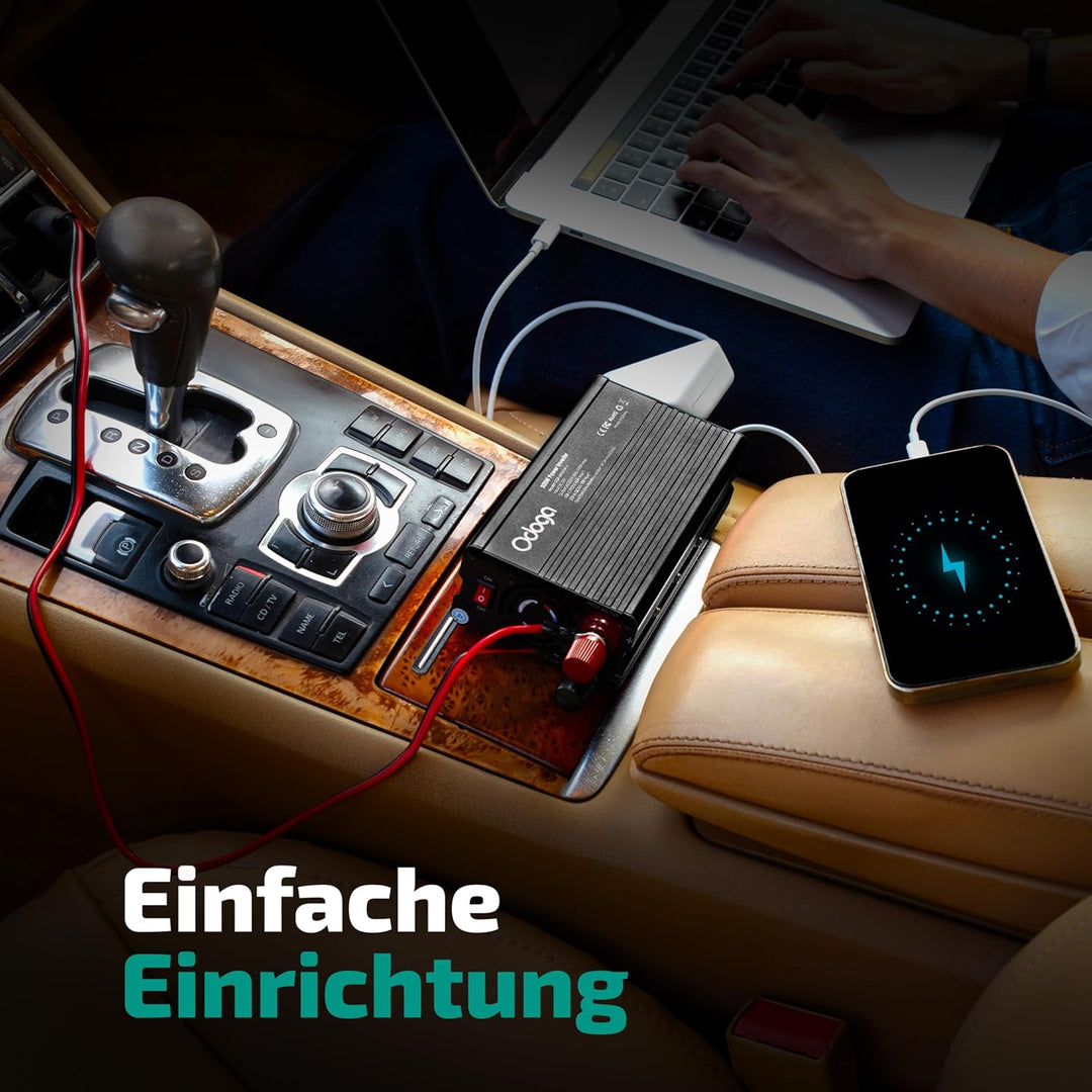 Odoga Wechselrichter 12V auf 230V – 500W Spannungswandler, Stromwandler mit 3A USB-A & USB-C Anschlü