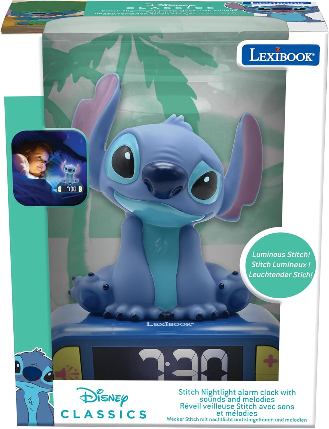 Lexibook, Disney Stitch, Nachtwecker, Sounds und Melodien, hintergrundbeleuchtetes LCD-Display, bele