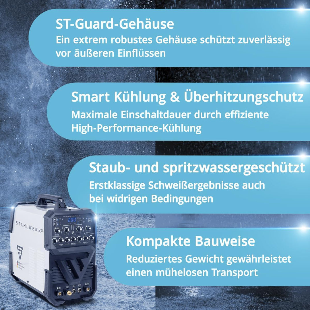STAHLWERK Schutzgasschweissgerät AC/DC WIG 200 Puls ST – IGBT-Inverter mit AC-Modus, MMA (E-Hand/ARC