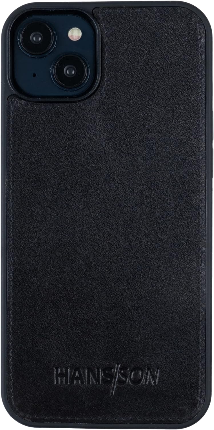 HANS/SON Echtlederhülle für iPhone 14 Plus | Schwarzes Ledercase | 6,7 Zoll | Schmal | Stossfest | L