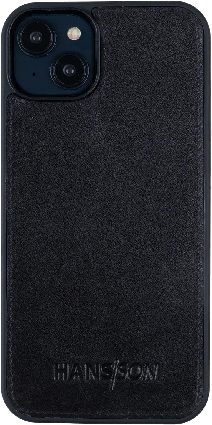 HANS/SON Echtlederhülle für iPhone 14 Plus | Schwarzes Ledercase | 6,7 Zoll | Schmal | Stossfest | L