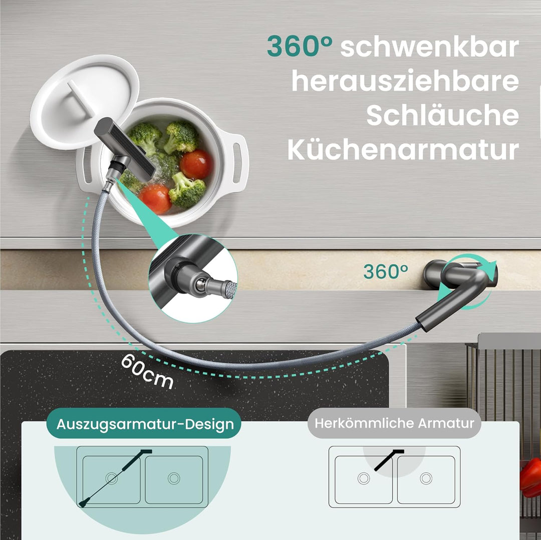 Mai &amp; Mai Wasserhahn Küche Küchenarmatur mit Brause Ausziehbar, Küchenwasserhahn 360°Schwenkbar 3 Sp