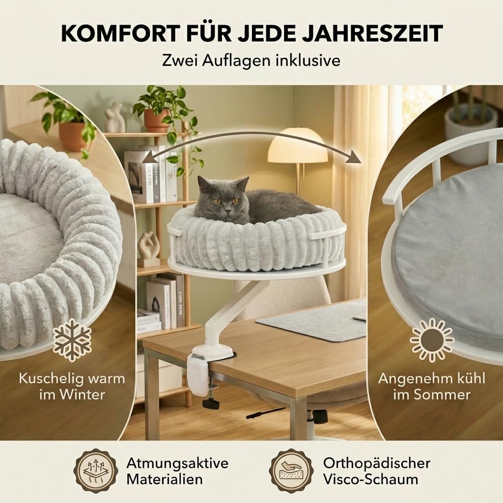 Katzenbett LEVI | Katzenbett Schreibtisch | Katzenplattform | Für Tische und Fenstersims | Inkl. 2 B