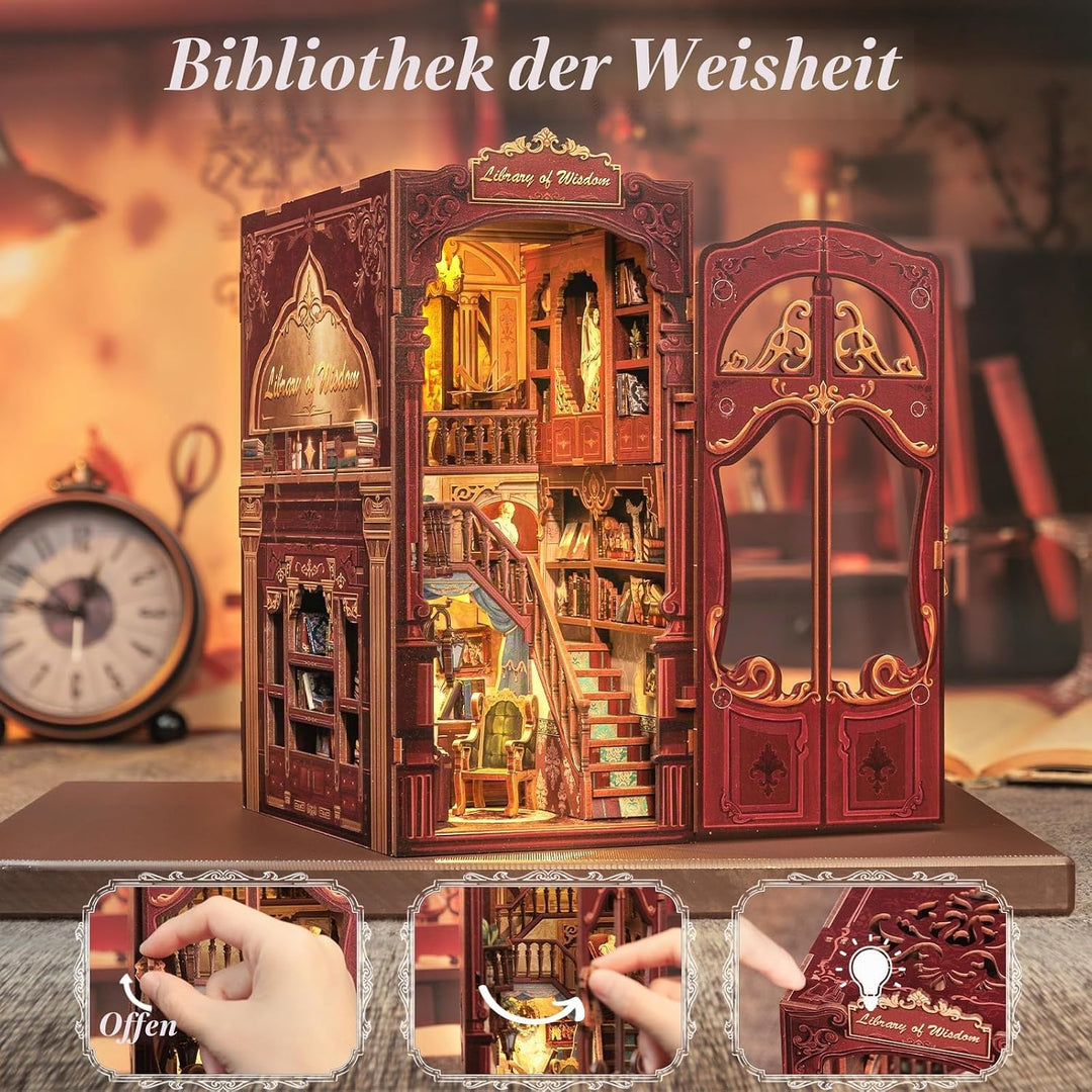 Fsolis DIY Book Nook,Puppenhaus Miniatur Haus Kit mit Holz Möbeln und LED-Licht,Bücherecke Bücherreg