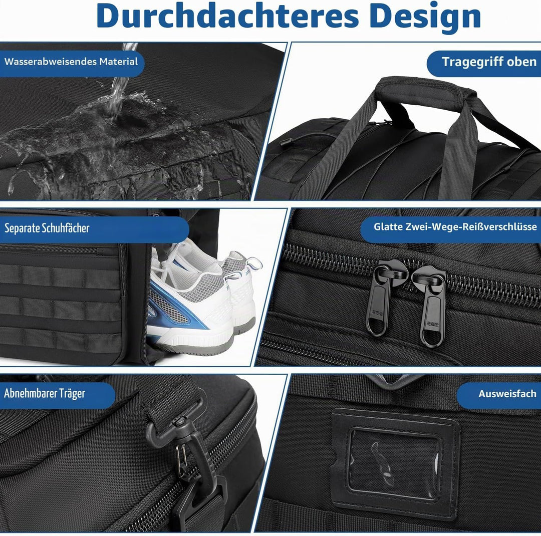 3 in 1 Sporttasche Herren mit Schuhfach &amp; Rucksackfunktion Taktische Reisetasche Handgepäck Rucksack