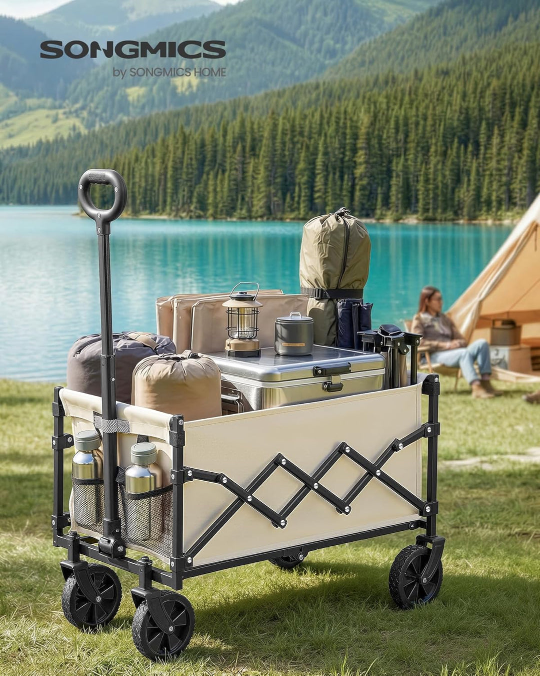 SONGMICS Kleiner Handwagen faltbar, Gartenwagen, kompakt, mit Griff | Mit 4 verstärkten Rollen, davo