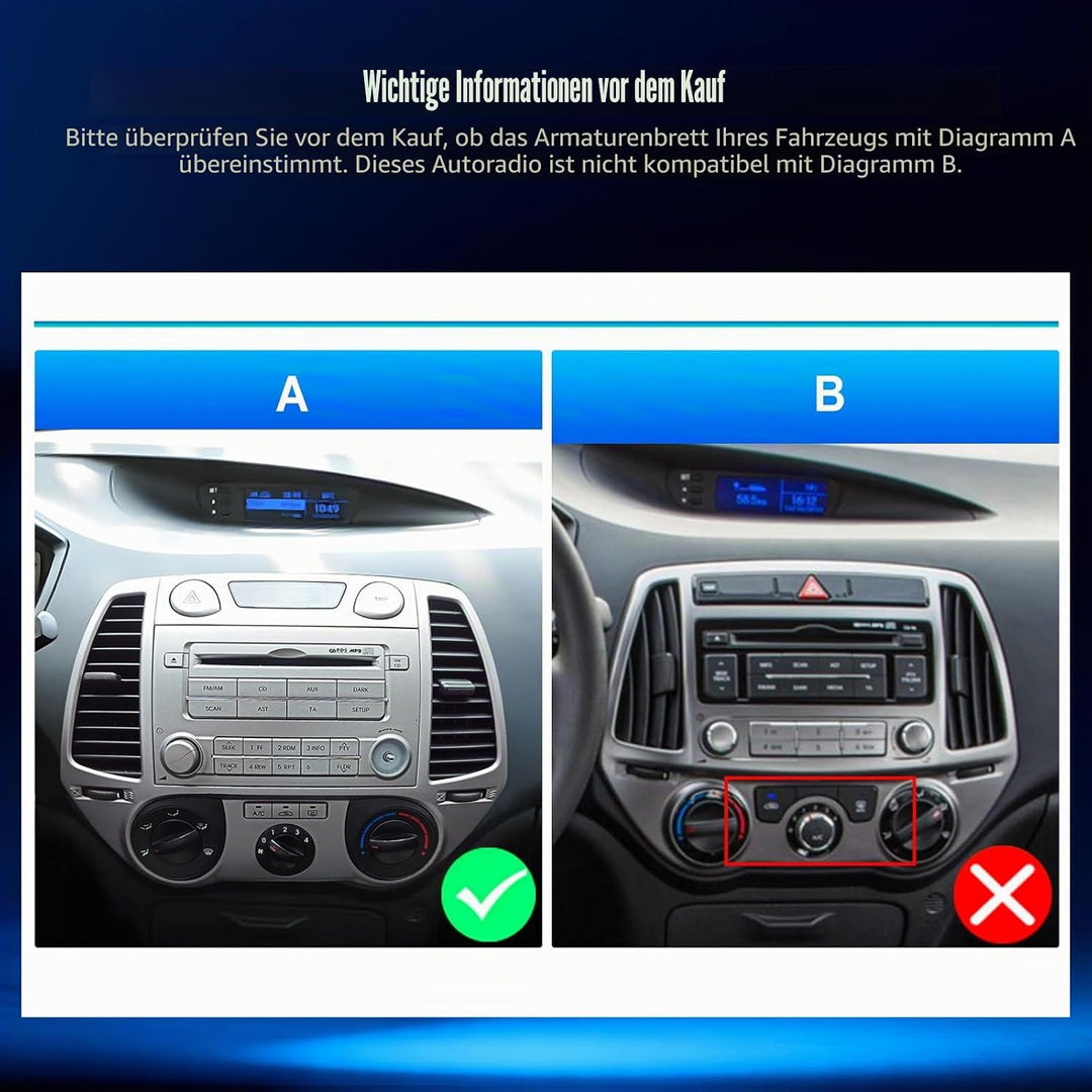 CAMECHO 2G+64G Android 15 Autoradio für Hyundai i20 2008-2012 mit Navi Wireless Carplay Android Auto