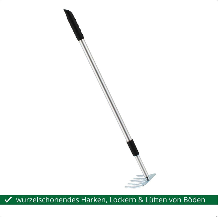Rekord Kleinrechen (Stahl) mit Teleskopstiel (Aluminium) Länge bis 104 cm & Aufhängeloch, Harke, Lau