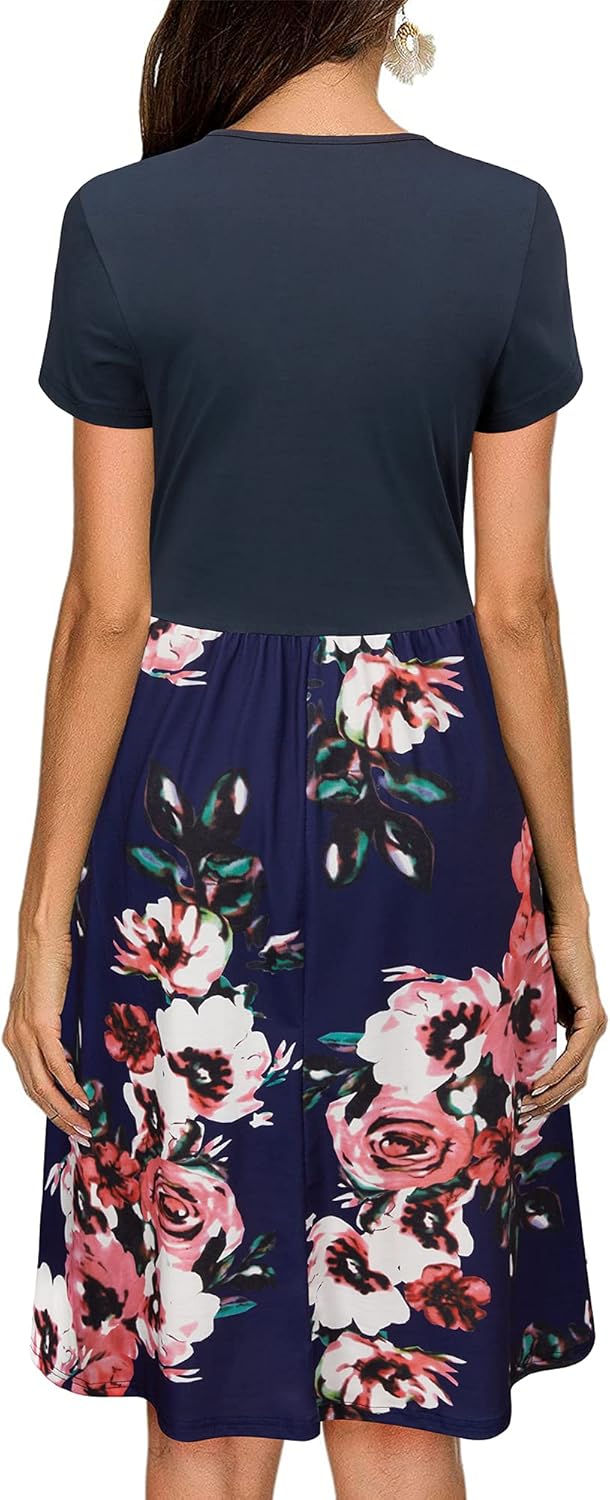 STYLEWORD Damen Sommerkleid Kurzarm V-Ausschnitt Kleider Blumenmuster Kleid Wickelkleid Mit Taschen