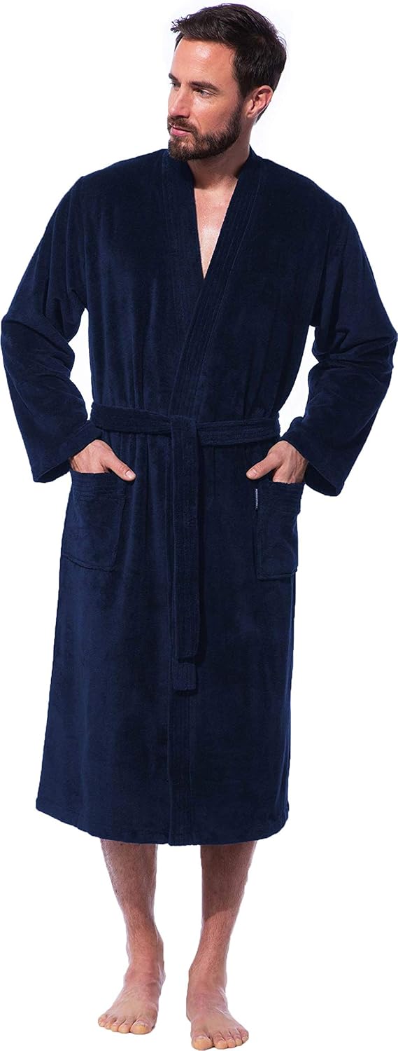 Morgenstern Herren Bademantel Kimono in Blau Männer Baumwolle Microfaser Viskose wadenlang leicht Gr