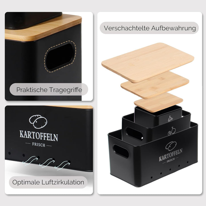 Kartoffel Aufbewahrungsbox 3er Set, 360° Luftzirkulation für längere Frische, Für Zwiebeln, Kartoffe