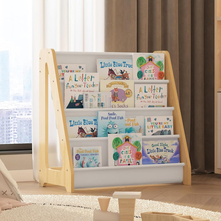 KEEPREAPER Bücherregal Kinder, Kinderregal mit 4 Stofffächern Kinderzimmer Regal 4 Ebenen Bücher-Org