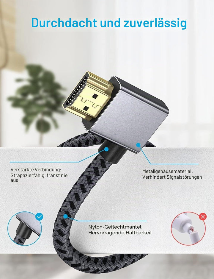 XAOSUN HDMI 2.0 Kabe Winkelstecker-3M,18 Gbps HDMI Kabel 90 Grad für 4K@60Hz, HDR, 3D | Geflochtenes