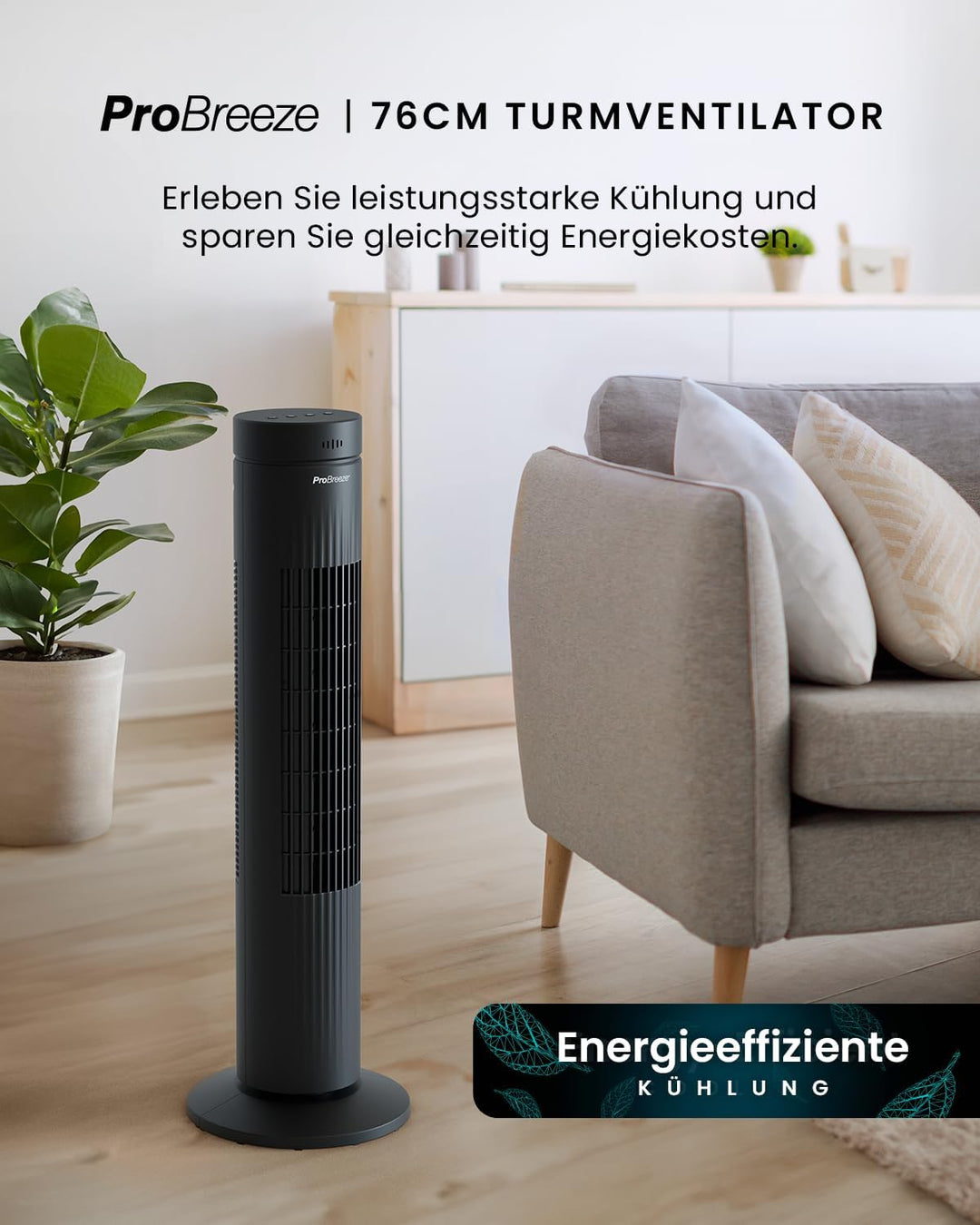 Pro Breeze Oszillierender Turmventilator - 76 cm Höhe, 70 Grad Oszillation, Säulenventilator mit 3 G