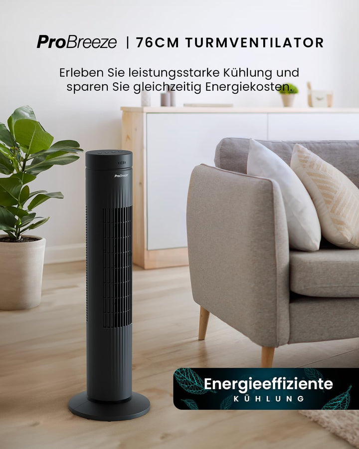 Pro Breeze Oszillierender Turmventilator - 76 cm Höhe, 70 Grad Oszillation, Säulenventilator mit 3 G