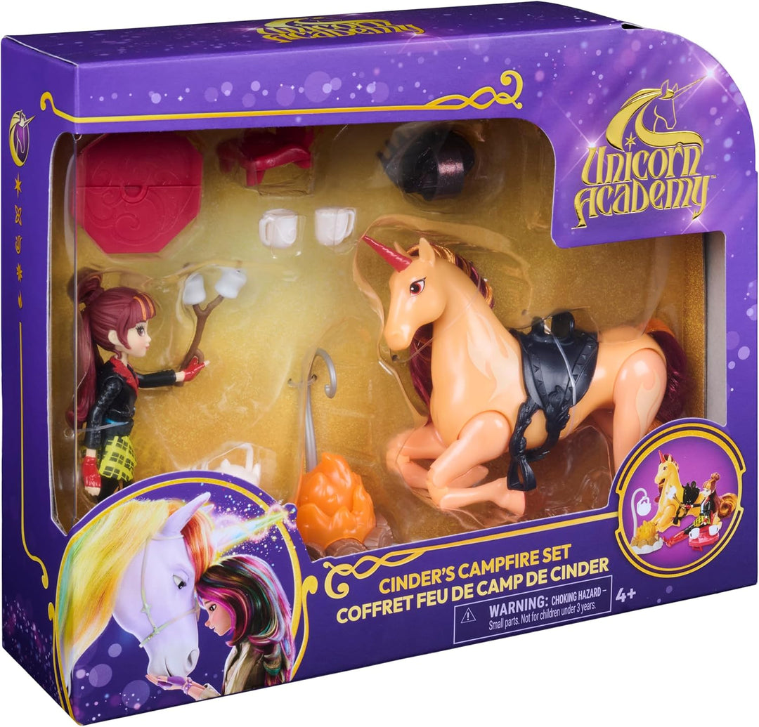 Unicorn Academy Lagerfeuer-Set mit Valentina &amp; Cinder,ab 4 Jahren | Bewegliches Einhorn | Sattel &amp; Z