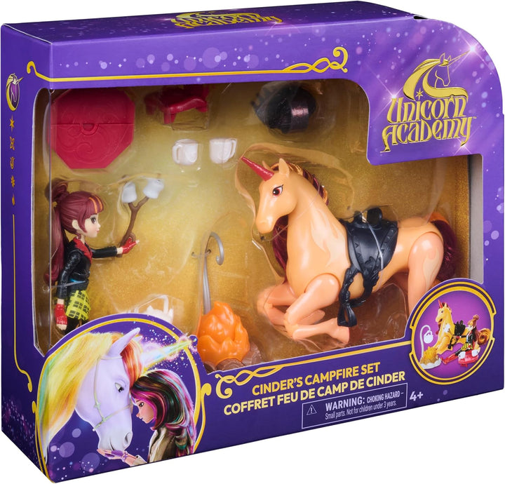 Unicorn Academy Lagerfeuer-Set mit Valentina &amp; Cinder,ab 4 Jahren | Bewegliches Einhorn | Sattel &amp; Z