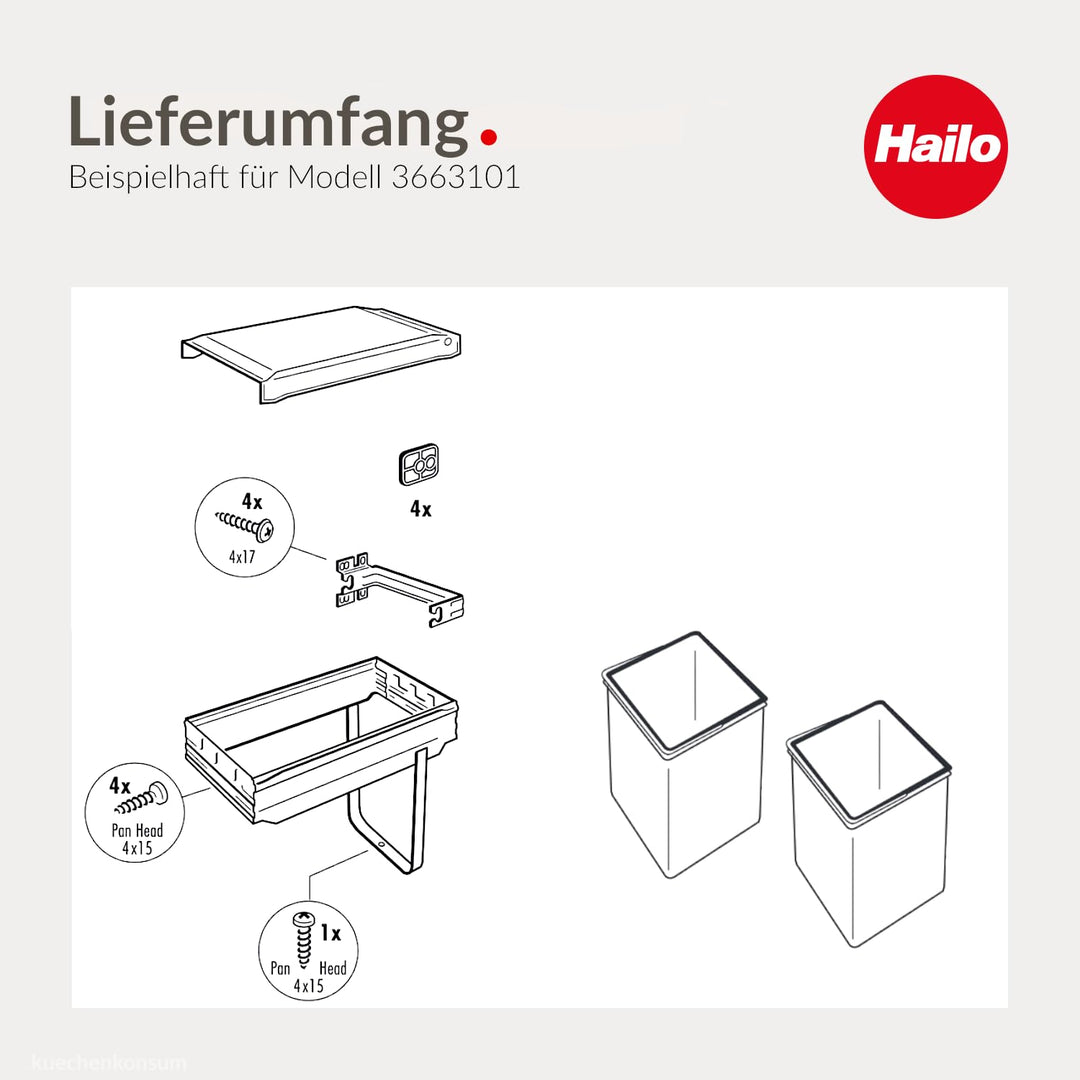 Hailo Abfallsammler 3663101 Tandem 2x 15 Liter Schwarz | Einbau-Abfallsystem für Schränke | Küchen-M