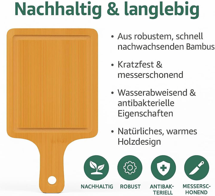 Hausleben Servierbrett Set 6er – 15×10 cm – Mini Bambus Schneidebrett mit Griff – Frühstücksbrettche