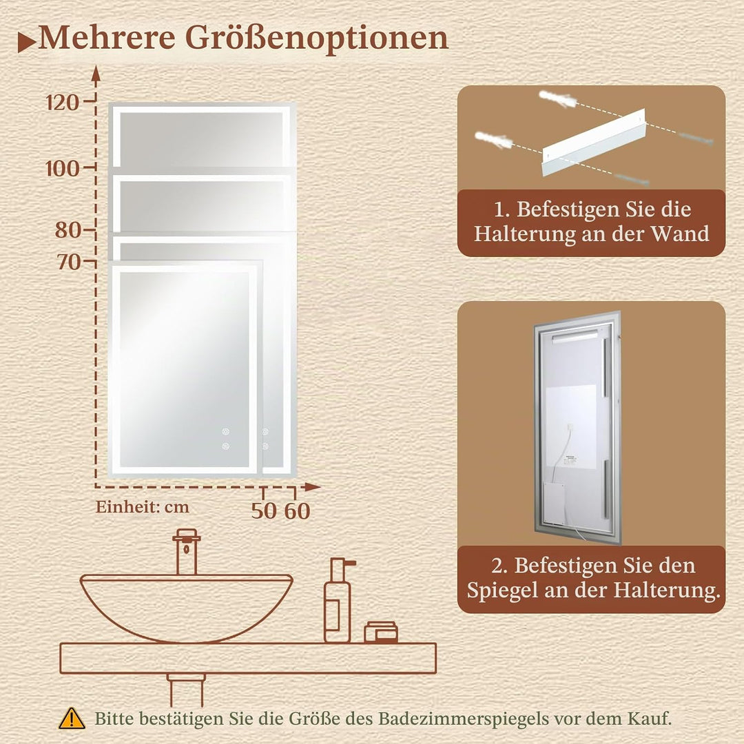 Clevich Badspiegel mit Beleuchtung 120×60 cm, LED Spiegel mit 3 Lichtfarben Dimmbar, Gehärtetes Glas