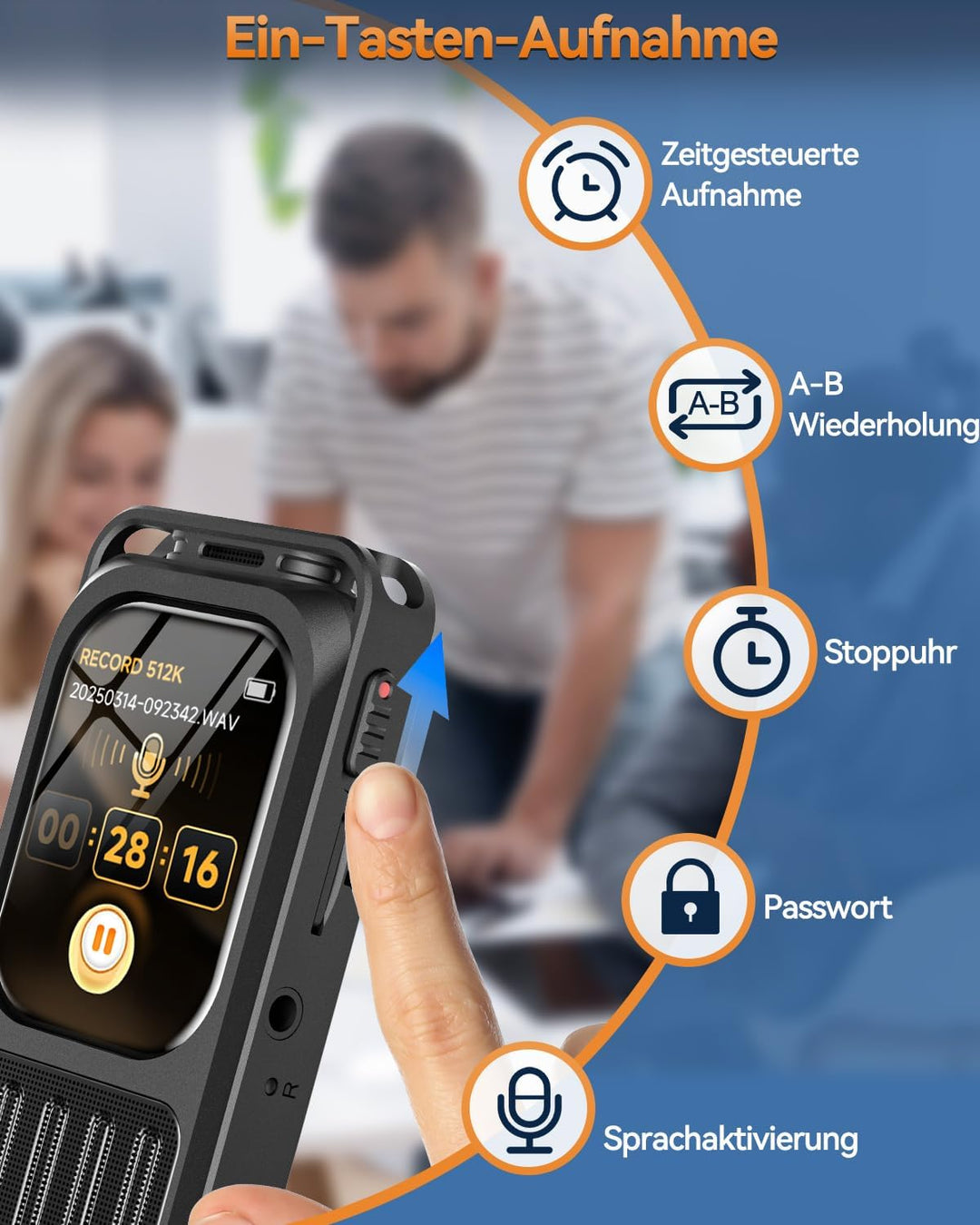 Diktiergerät mit 2 Zoll Touchscreen & Bluetooth, XIXITPY HD 100Std Aufnahmegerät mit DSP-Rauschunter