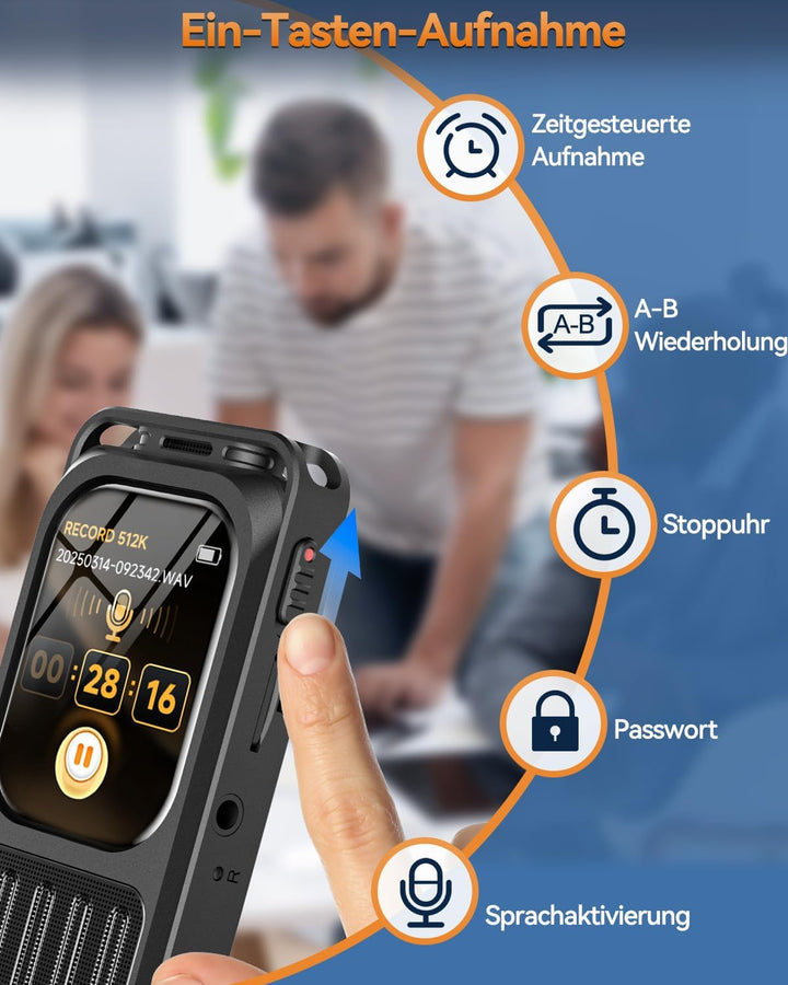 Diktiergerät mit 2 Zoll Touchscreen & Bluetooth, XIXITPY HD 100Std Aufnahmegerät mit DSP-Rauschunter