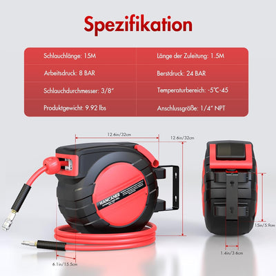 Hancaner Druckluftschlauchtrommel Automatisch 15m+1,5m, 3/8" Anschluss-24 Bar max. Druck, 180° Schwe